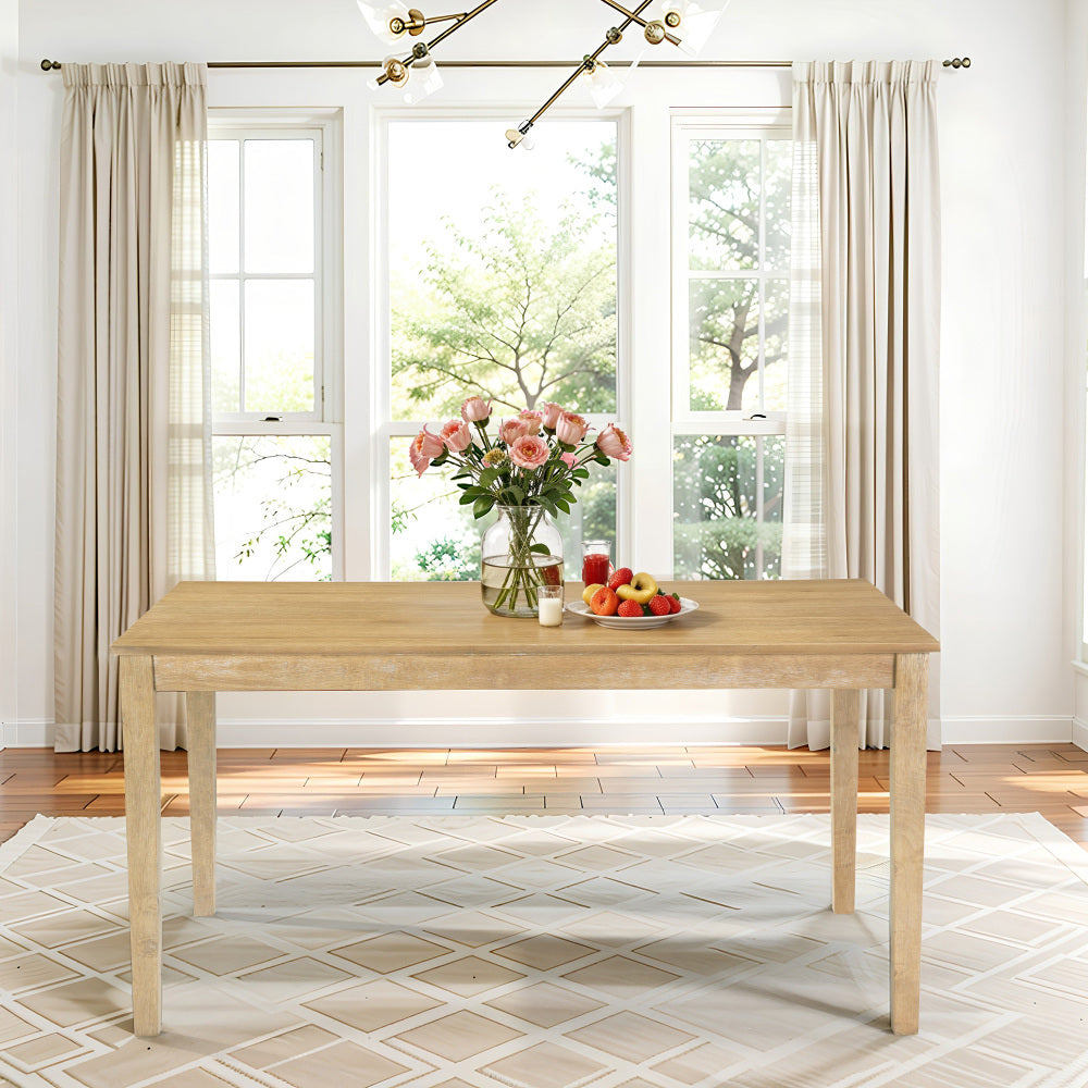Farmhouse Style Solid Wood Dining Table, 60 Inch Length, Rubberwood Legs with Adjustable Glides, MDF + Rubberwood Veneer Top, Perfect for Dining Room, Kitchen, Living Room, Sturdy and Durable.