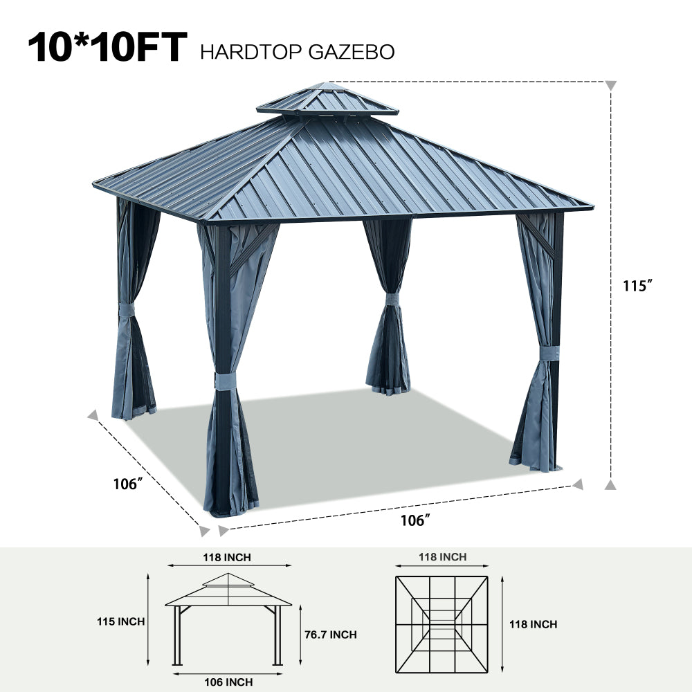 10' X 10' Hardtop Gazebo with Galvanized Steel Double Roof, Sturdy Aluminum Frame, Curtains, and Netting for Patio, Lawn, and Garden