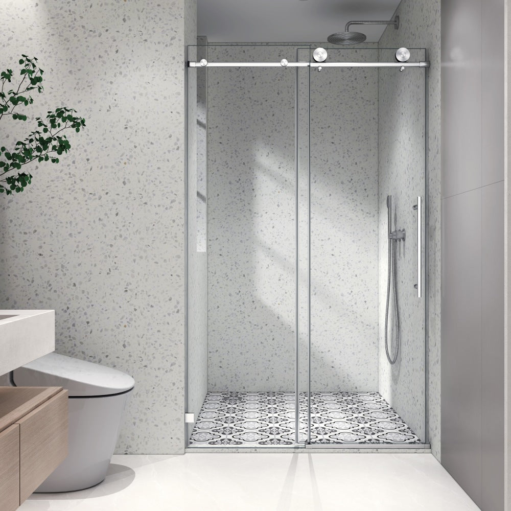 6076 Matte Black frameless one fixed and one shifted Shower Door, 70MM 304 stainless steel large pulleys with adjustable soft closing function,with nano easy cleaning,stick explosion-proof menbrance