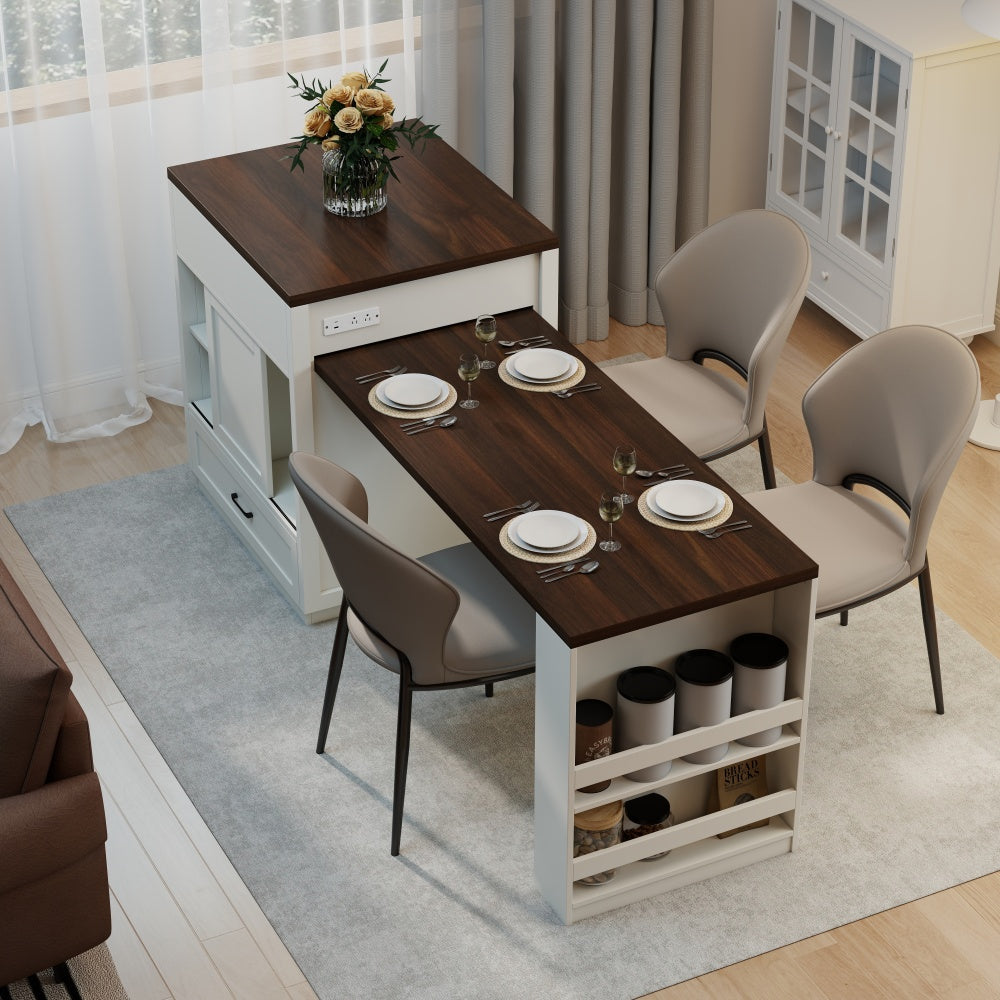 83.1'' Extendable Kitchen Island with Slide Out Table and Storage Racks for 2-6 Person,Kitchen Island with Tempered Glass Doors,Walnut Woodgrain Dining Table,Power Outlet,Bar,Prep Station(Cream White)