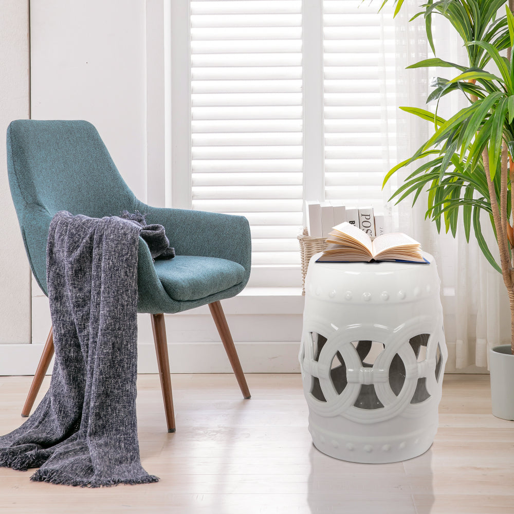 10.5" x 17" Glazed Ceramic Drum Stool - Indoor/Outdoor Side Table - Accent Garden Stool