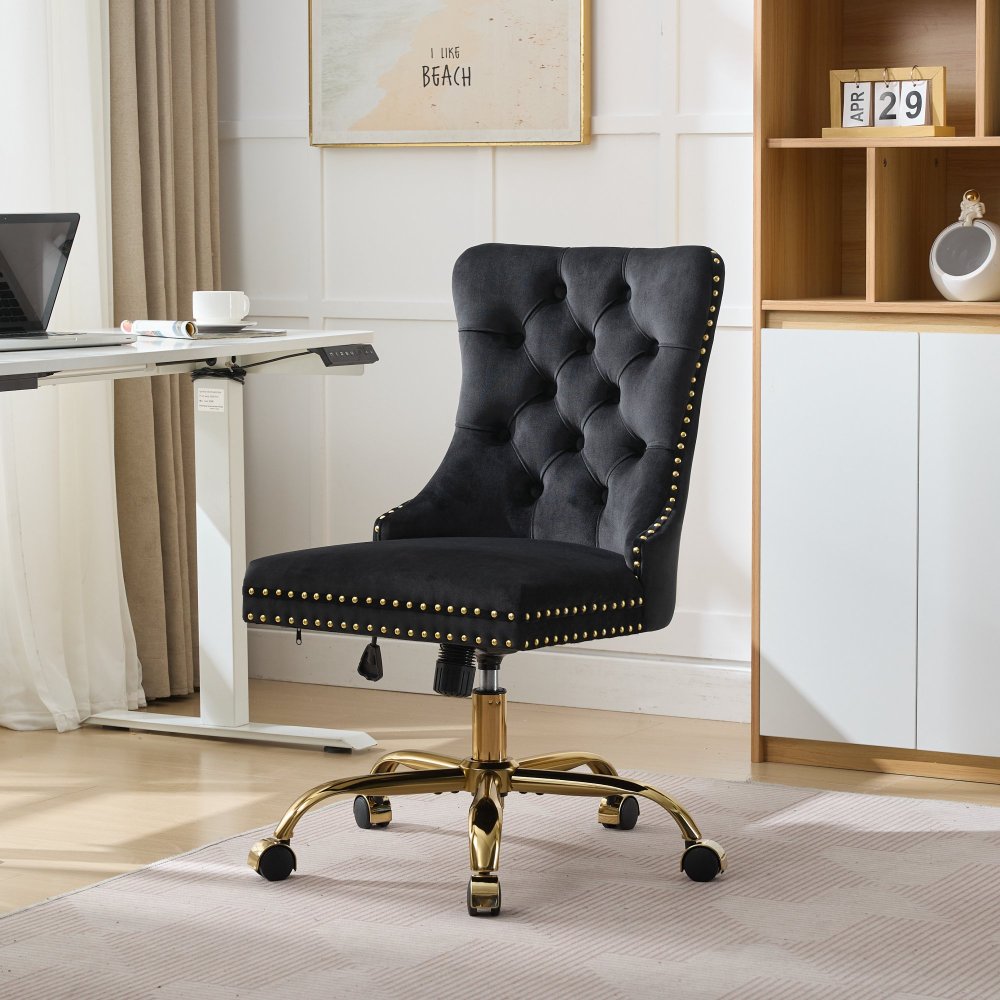 A&A Furniture Office Chair,Modern Velvet Upholstered Tufted Button Home Office Chair with Golden Metal Base,Adjustable Desk Chair Swivel Office Chair (Gray)