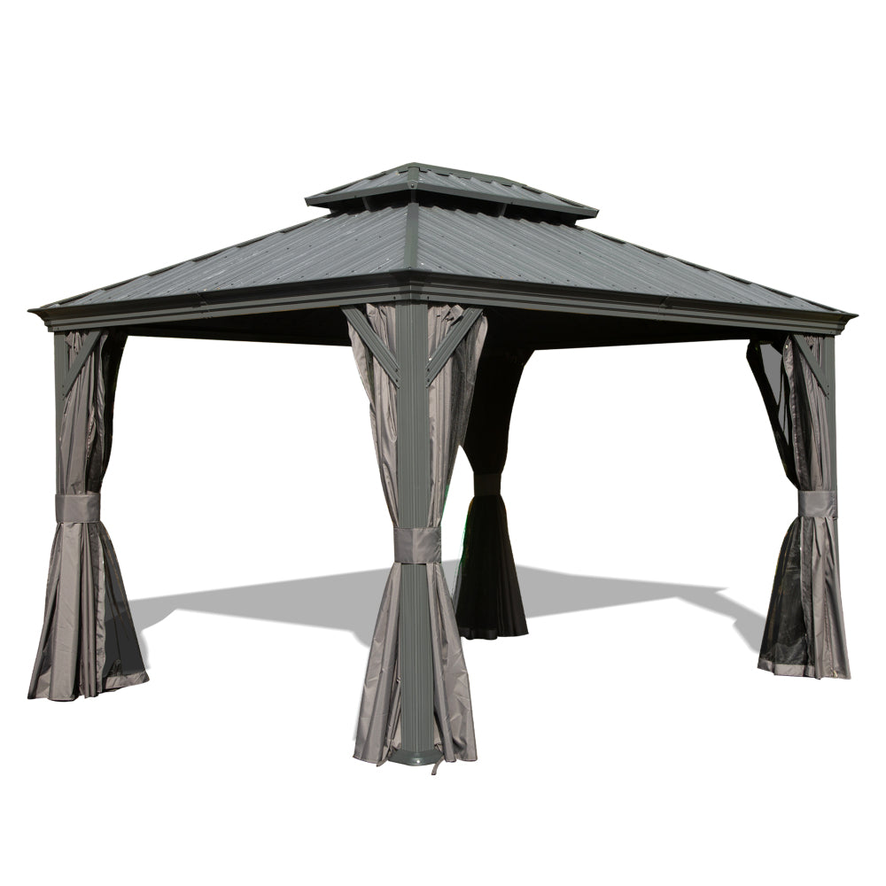 10' X 12' Hardtop Gazebo, Upgraded Metal Gazebo with Drainage System, Dual-Layer Galvanized Steel Roof, Curtain and Netting, Outdoor Shelter Canopy for Patio, Garden, and Backyard, Grey
