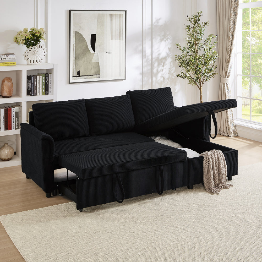Loveseat Sofa with Chaise Lounge L-Shaped Modular Convertible Sofa with Storage Chaise, Corduroy Tufted Upholstered Sleeper Sectional Sofa,Pull Out Sleep Couch Bed and Reclining Backrest-Black