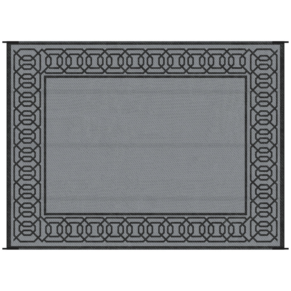 Outsunny Reversible Outdoor Rug, 9' x 12' Waterproof Plastic Straw Floor Mat, Portable RV Camping Carpet, Large Floor Mat for Backyard, Deck, Picnic, Beach, Black & Gray Border