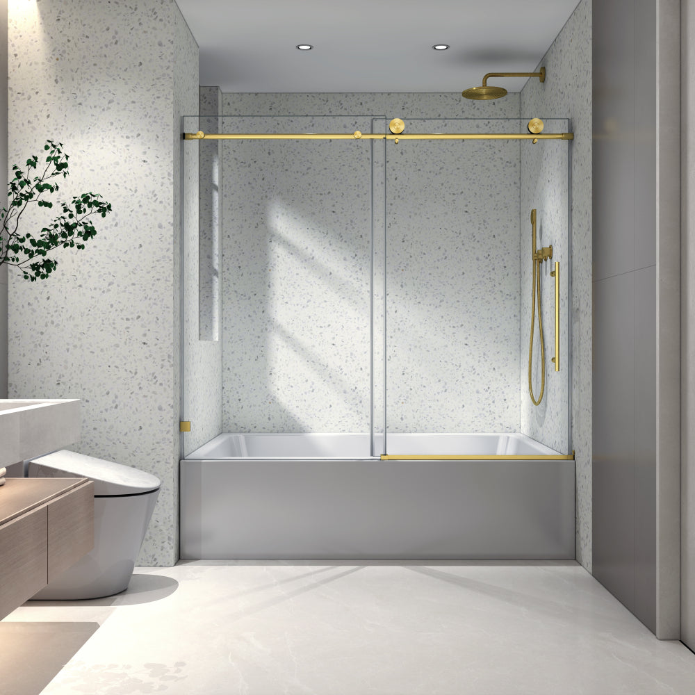 6076 Matte Black frameless one fixed and one shifted Shower Door, 70MM 304 stainless steel large pulleys with adjustable soft closing function,with nano easy cleaning,stick explosion-proof menbrance