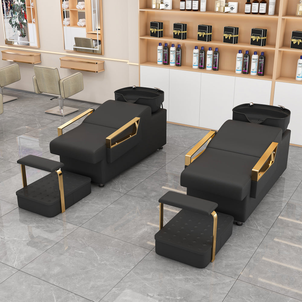Shampoo Bowl and Chair Set for Salon, Hair Washing Station for Hair Stylist, ABS Shampoo Bowl Sink Chair with Independent Footrest for Spa Beauty Barbershop(Black+Gold)