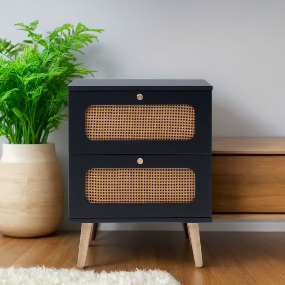 2-drawer Rattan Nightstand for Bedroom and Living Room, End Table, Side Table with 2 Hand Made Rattan Decorated Drawers