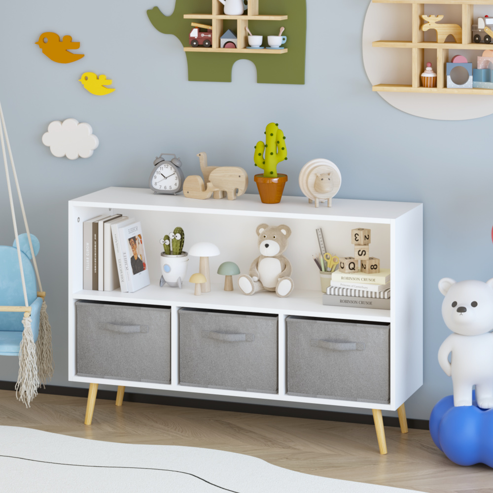 Kids bookcase with Collapsible Fabric Drawers, Children's Book Display, Toy Storage Cabinet Organizer, White/Gray