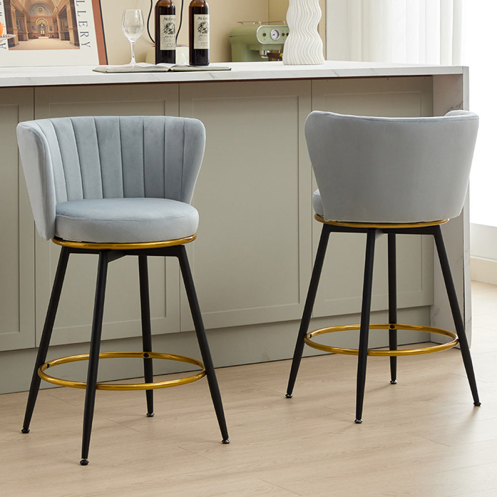 Counter Height Bar Stools Set of 2, 360° Swivel Upholstered Barstools with Backs and Metal Legs, 26" H Seat Height, Velvet Fabric,Goldy Footrest