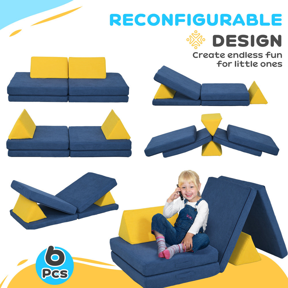 Qaba Modular Kids Play Couch, 6 Piece Kids Couch for Playroom or Bedroom, Foam Couch for Kids with Washable Cover for Toddlers 18+ Months, Blue
