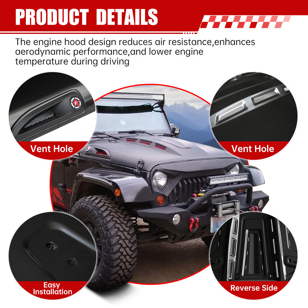 The Avenger Style Replacement Hood Compatible with 2007-2018 Jeep Wrangler JK JKU Unlimited Rubicon Black