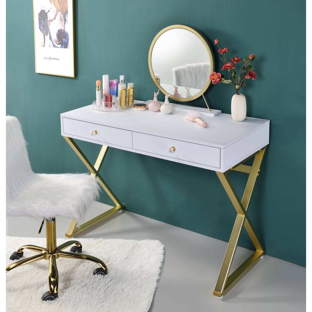 Coleen White & Gold Finish Vanity Desk W/Mirror & Jewelry Tray