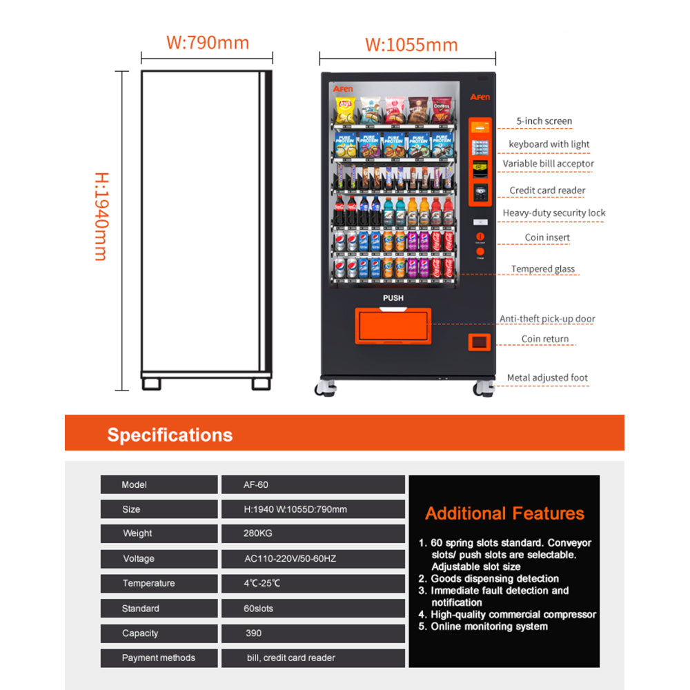 Snack & Drink Vending Machine with Bill Acceptor and Credit Card Reader, Refrigerated Commercial Vending Machine, 60 Slots