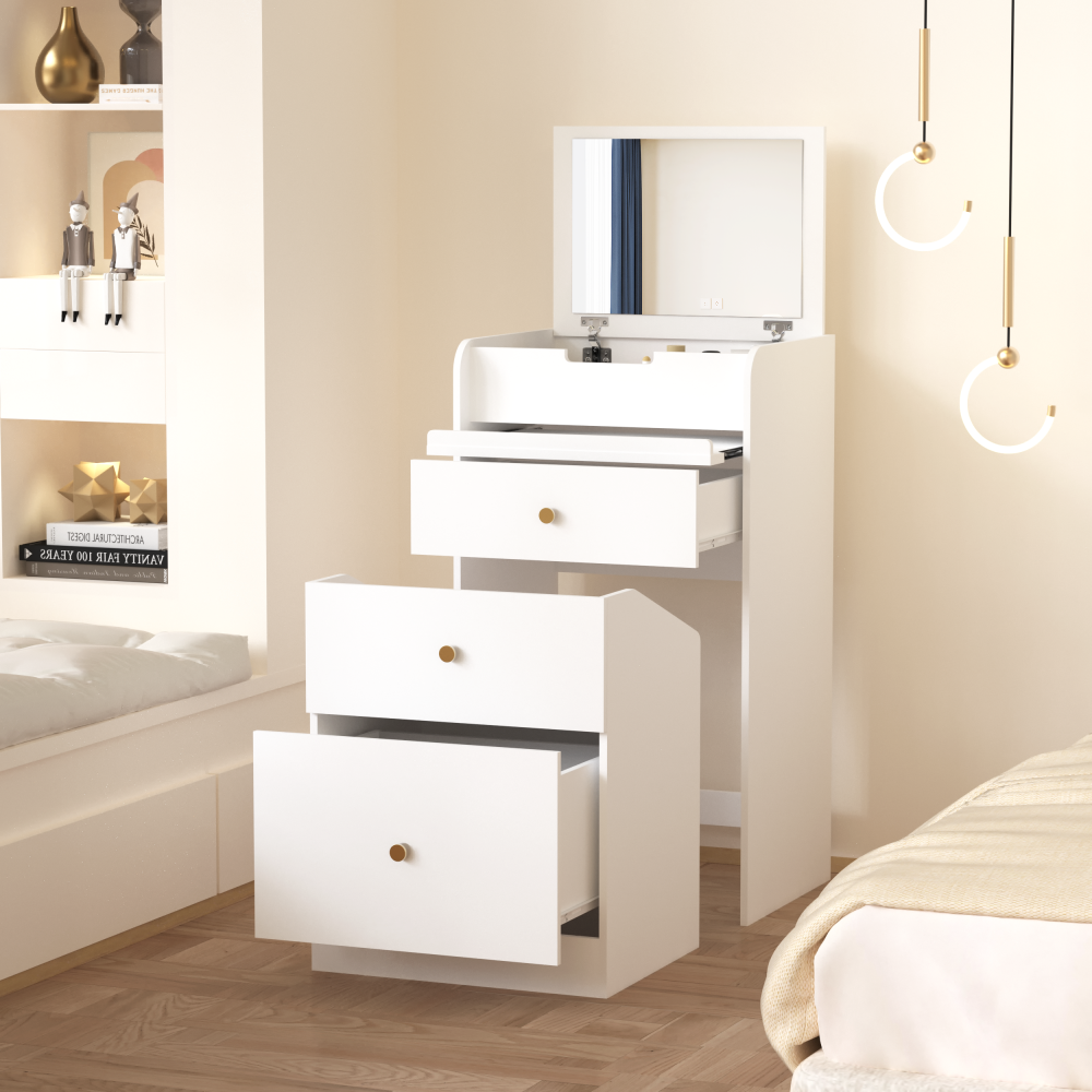 Small Vanity Desk with Mirror - White Makeup Vanitys Set Make up Table with Chair, Drawers, Mini Space Saving Cute Dressing Table for Girls Bedroom Living room