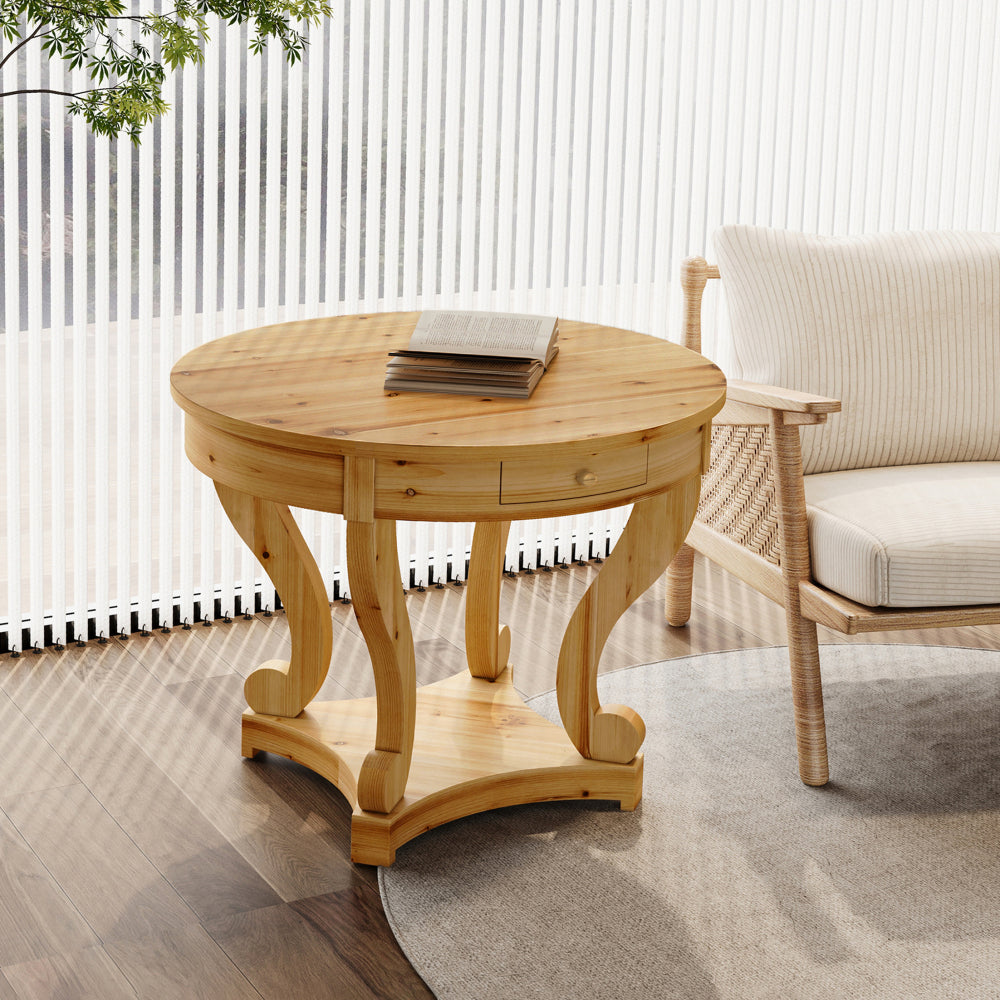 Curved Legs Farmhouse Style Small Size Round Dining Table End Table Side Table Coffee Table for Dinette, Kitchen, Dining Room or Living Room, Natural Wood