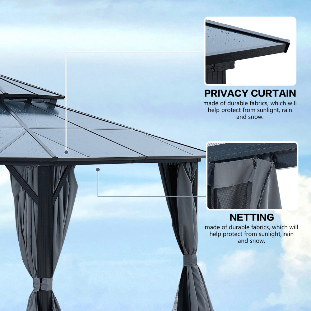 12' x 16' Gazebo Polycarbonate Double Roof Canopy Outdoor Aluminum Frame Pergola, Permanent Pavilion with Netting and Curtains for Garden Patio Lawns Parties