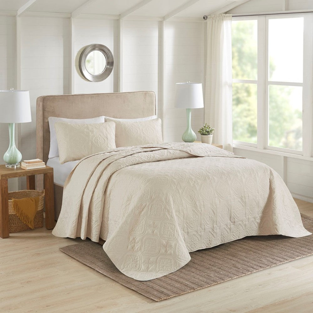 3 Piece Reversible Bedspread Set Cream Full/Queen