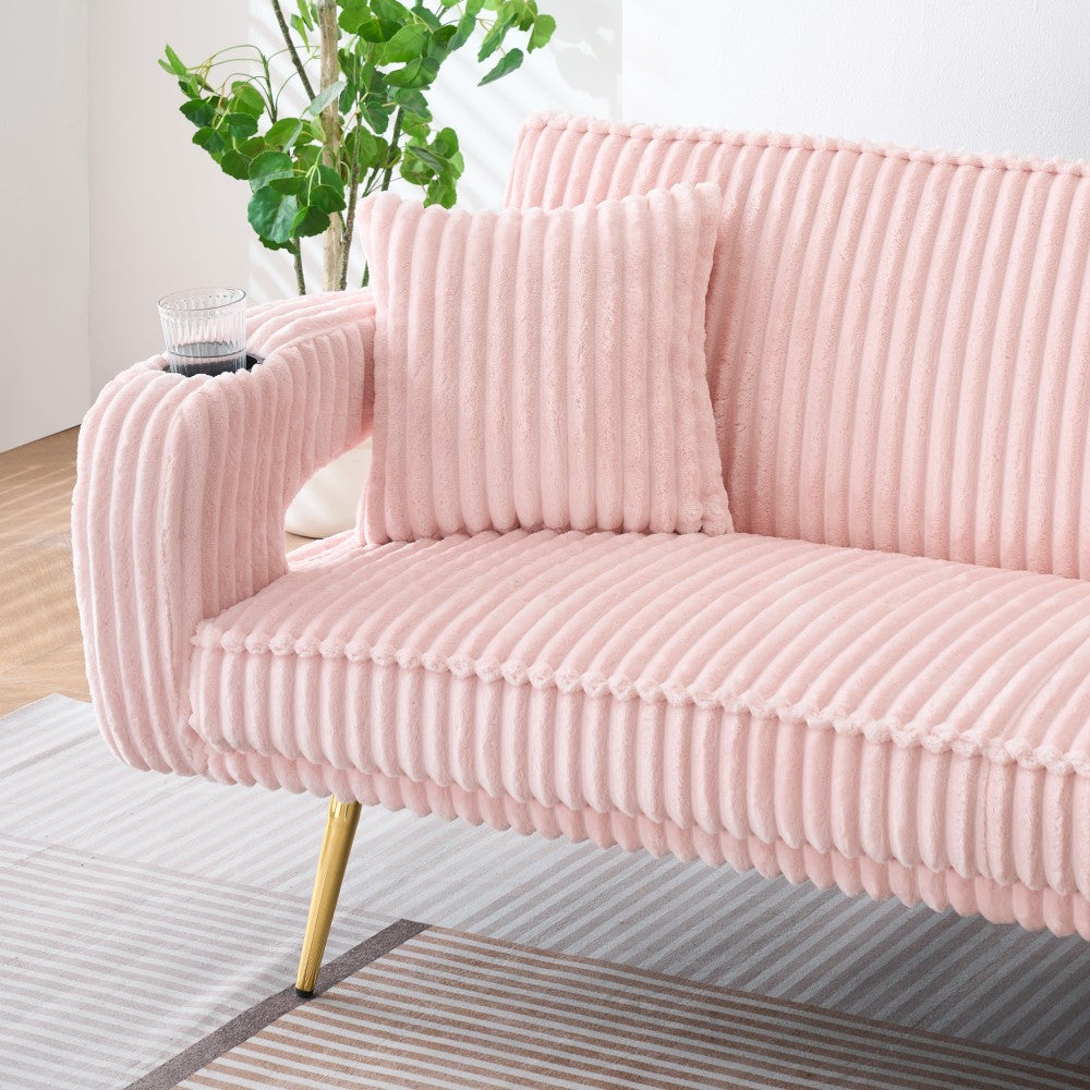 The straight-row white corduroy sofa with throw pillows, featuring a minimalist style, is suitable for the living room and study