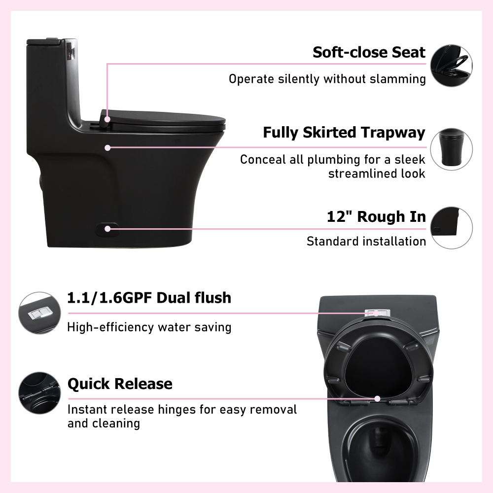 1.1/1.60 GPF Dual-Flush One Piece Toilet, Water-Saving Elongated Comfort Height Floor Mounted, Soft Closing Seat, 1000 Gram Map Flushing Score Toilet, Matte Black 24T02-MB