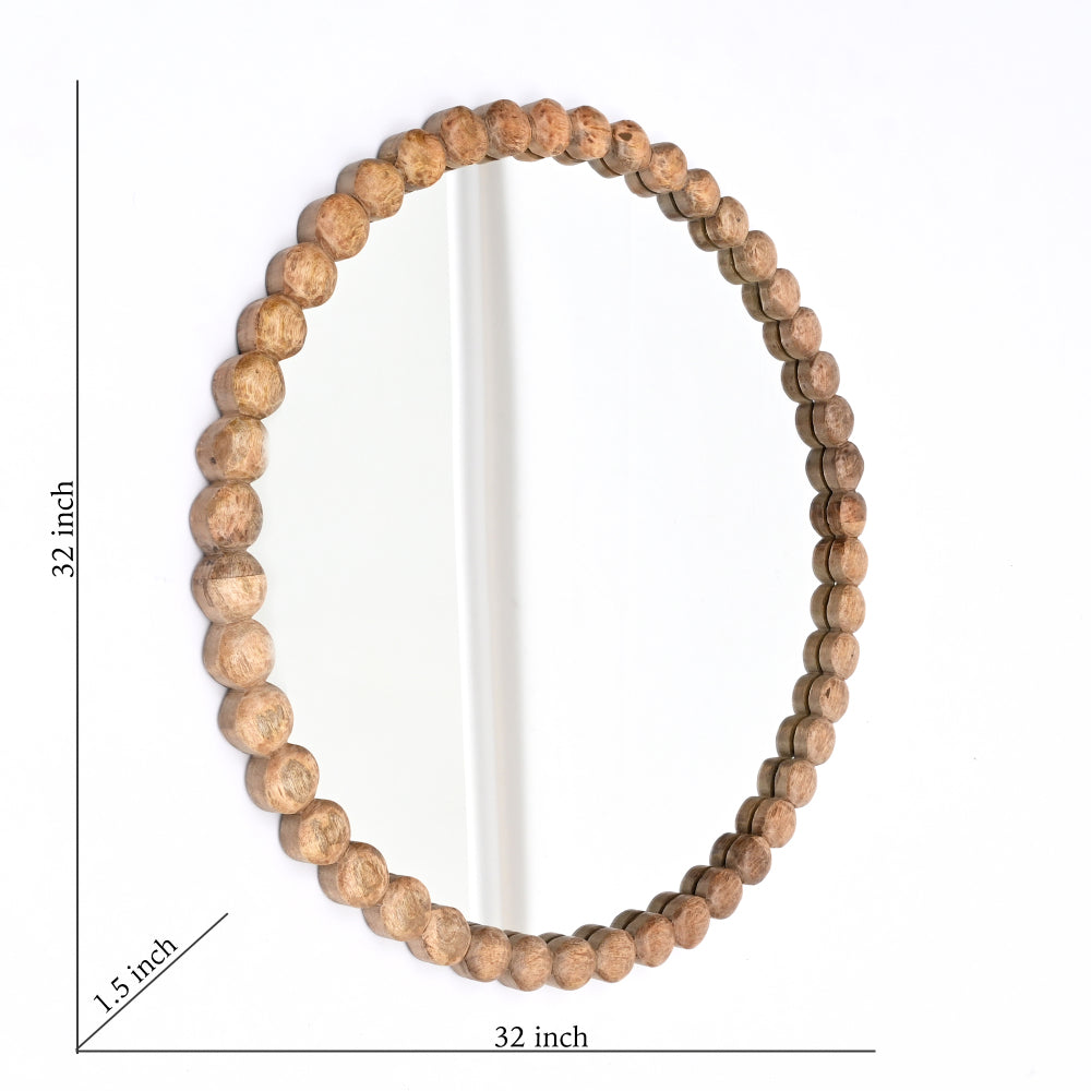 Decorative Round Hanging Wall Mirror with Natural Wooden Bead Design Frame, 32"