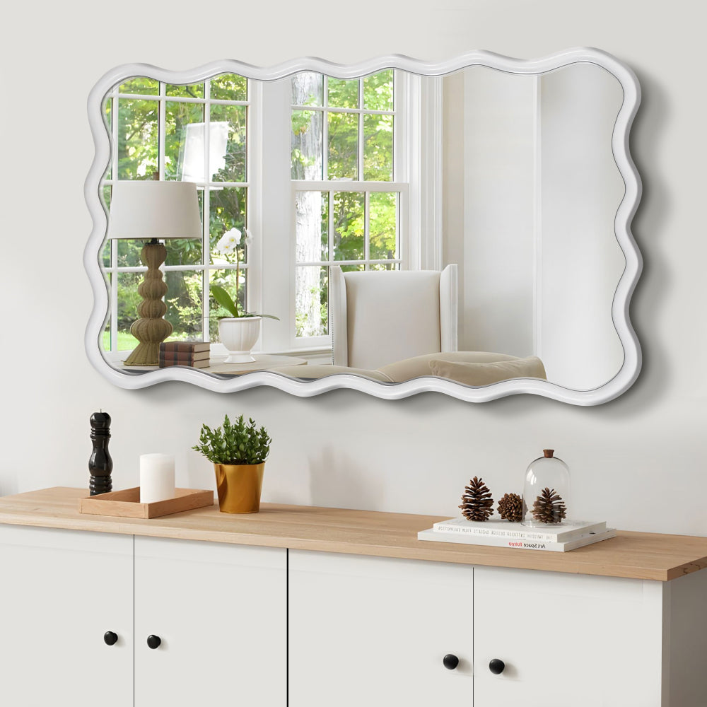 Solid Wood Wavy Rectangle  Mirror-Natural-Wood   40" x 28" Modern Mirror Wall Decor for Bathroom, Bedroom, Living Room, Dining Room, Cloakroom, Entryway
