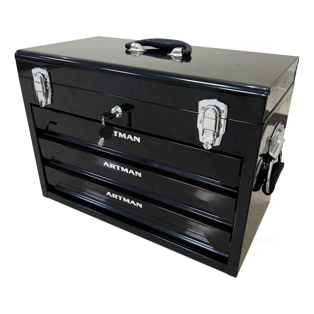 20'' Portable 3-Drawer Steel Toolbox, 4 Layers of Tools with Metal Latches, with Top Storage Tray and carrying Handle, Multi-Function Tool Storage for Garage, Home, or Workbench,Black