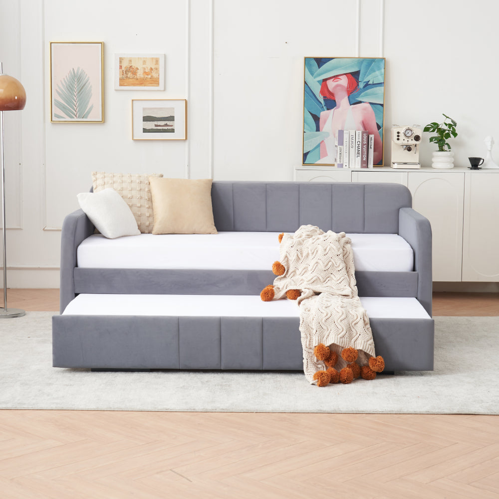 Twin Upholstered Daybed Frame with Trundle, Twin Size Sofa Bed for Bedroom Living Room Guest Room, Wood Slat Support,Grey