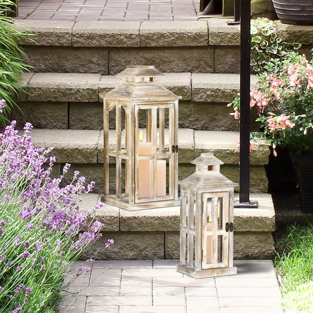 HOMCOM 2 Pack 28"/20" Large Rustic Wooden Lantern Decorative, Indoor/Outdoor Lantern for Home Décor (No Glass), Natural