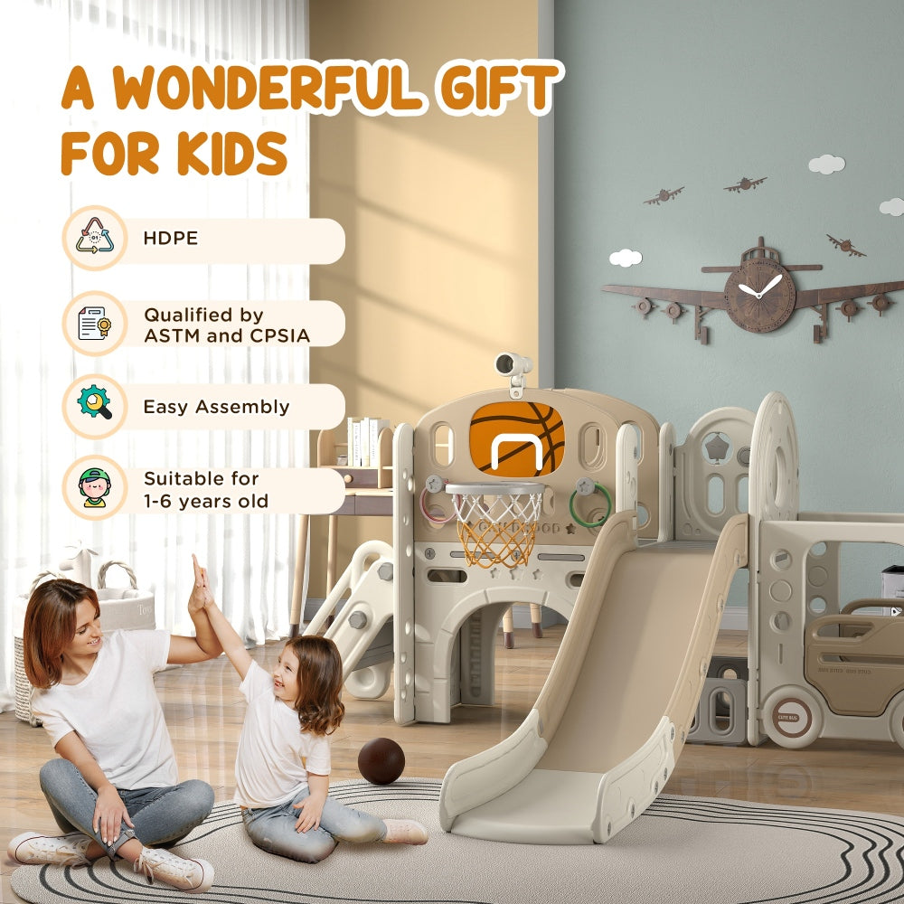Qaba 9 in 1 Toddler Slide, Indoor Slide for Kids Ages 1-6, Car Themed Baby Slide with Basketball Hoop, Climber, Storage Space, Ring Toss, Telescope, Tunnel, Cream White