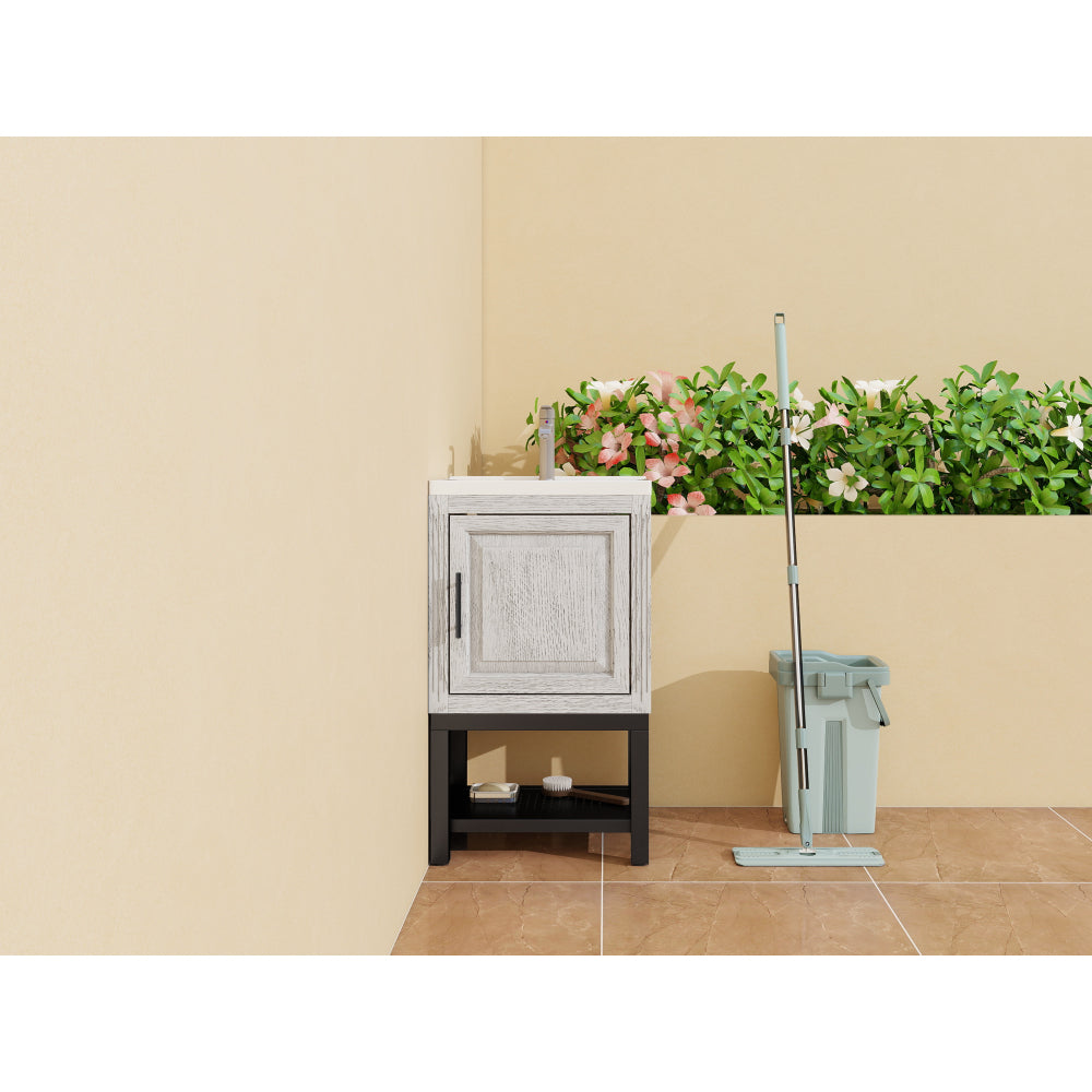 20" Small Bathroom Vanity with Sink & Hot and Cold Faucet, Freestanding Bathroom Cabinet with White Ceramic Basin, Bathroom Storage Organizer with 1 Doors and Open iron Shelf