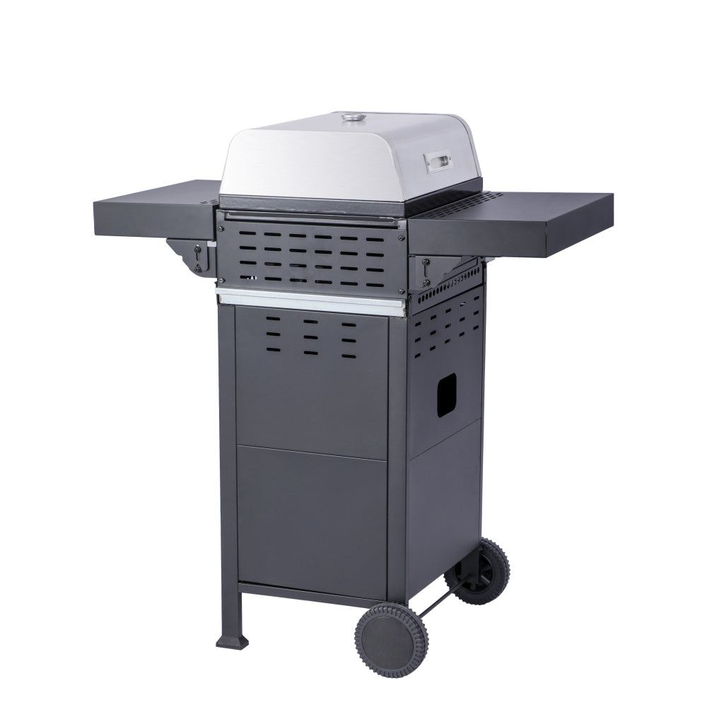 2-Burner Propane Gas BBQ Grill, Pizza Box, 24600BTU Output With Wire Enamel Cooking Grids For Outdoor Barbecue, Foldable Side Table, Hanging Basket, Stainless Steel