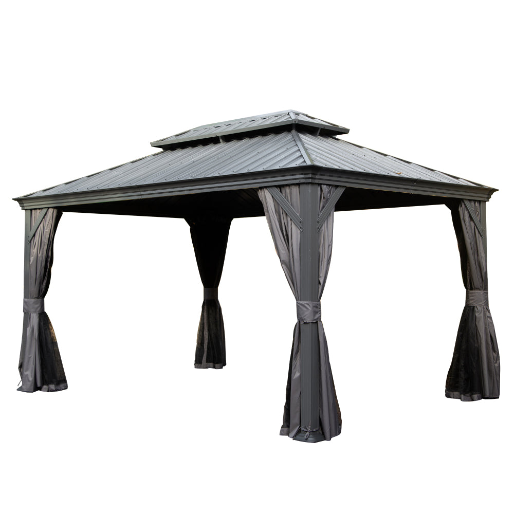 10' X 14' Hardtop Gazebo, Upgraded Metal Gazebo with Drainage System, Dual-Layer Galvanized Steel Roof, Curtain and Netting, Outdoor Shelter Canopy for Patio, Garden, and Backyard, Grey