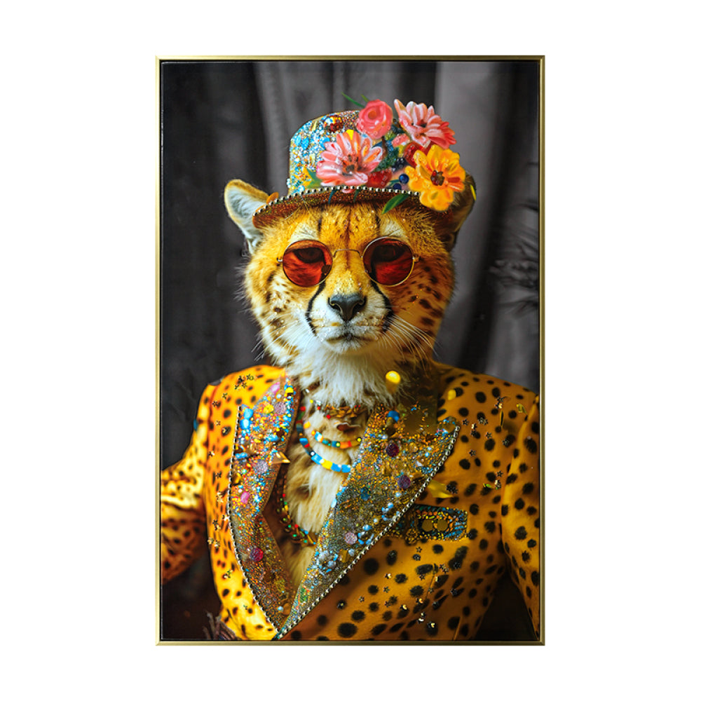 Abstract Art Wall Decor: Stylish Cheetah in Leopard Print Suit with Sunglasses and Hat Featuring Flower - Unique Modern Canvas Painting for Living Room, Bedroom, Office decorative picture