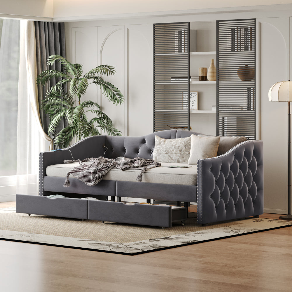 Upholstered Daybed with Storage Drawers, Wood Daybed Twin Size, No Box Spring Needed, Grey