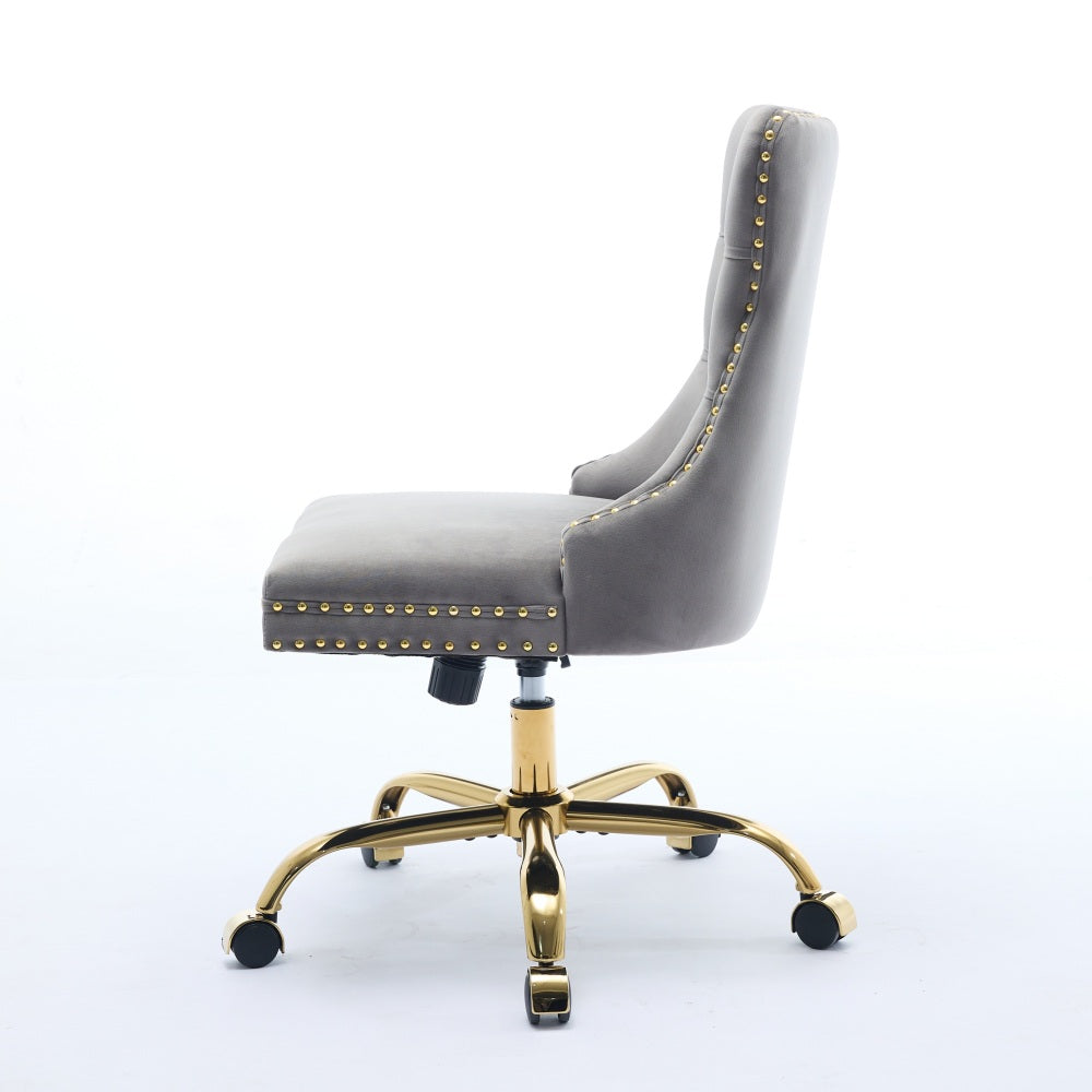 A&A Furniture Office Chair,Modern Velvet Upholstered Tufted Button Home Office Chair with Golden Metal Base,Adjustable Desk Chair Swivel Office Chair (Gray)