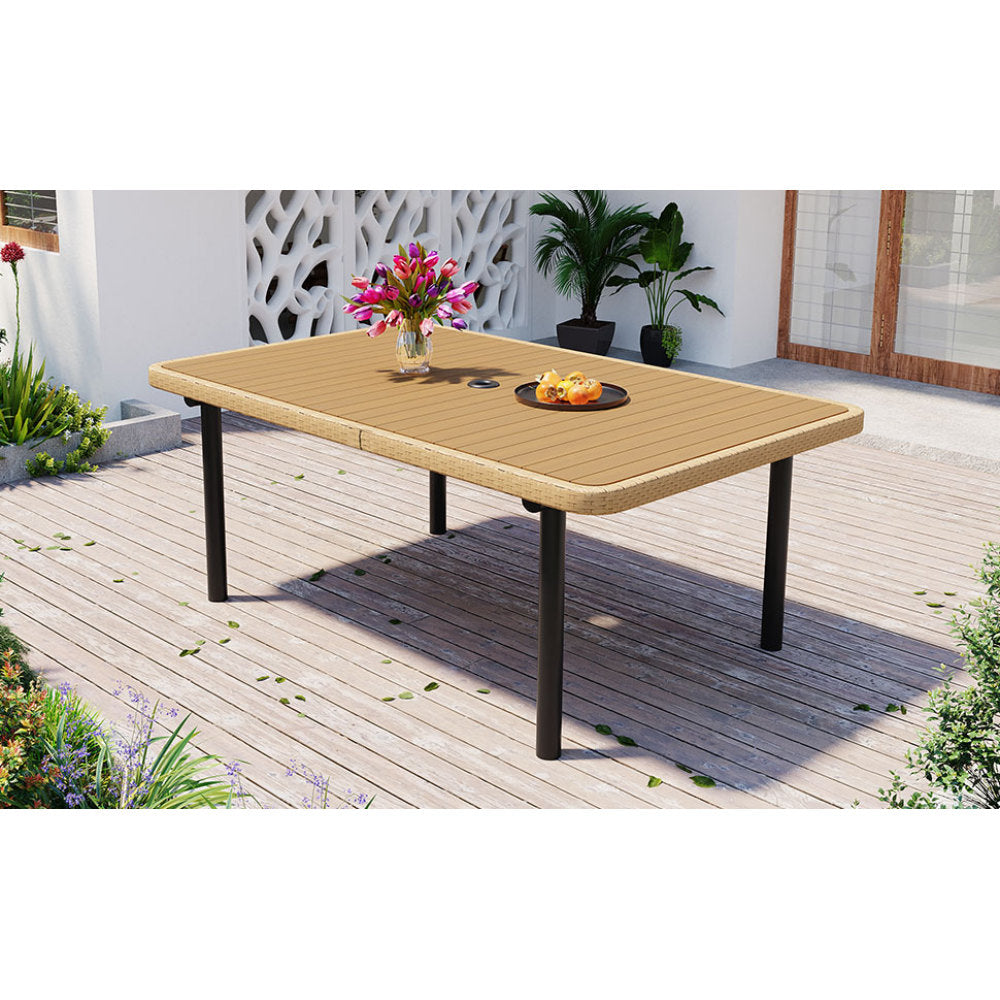 59" Outdoor Patio Dining Table, Polywood Tabletop with Umbrella Hole, Iron Legs, Rectangular Dining Table for Garden, Backyard, Porch