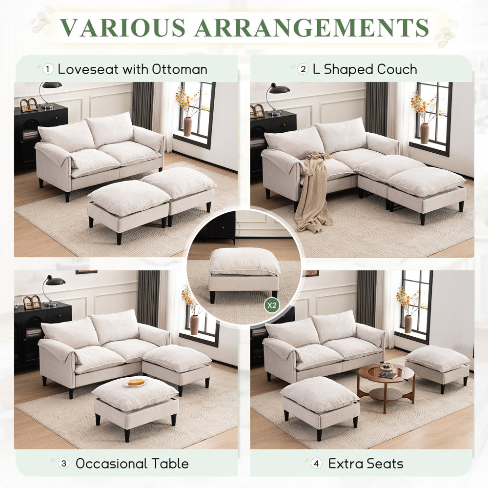 Convertible Combination Sofa Sofa U-Shaped Sofa with Footstools with Storage, Beige Sofa for Living Room, Living Room/Bedroom/Office/Small Space 2-Seater Combination Sofa-Beige