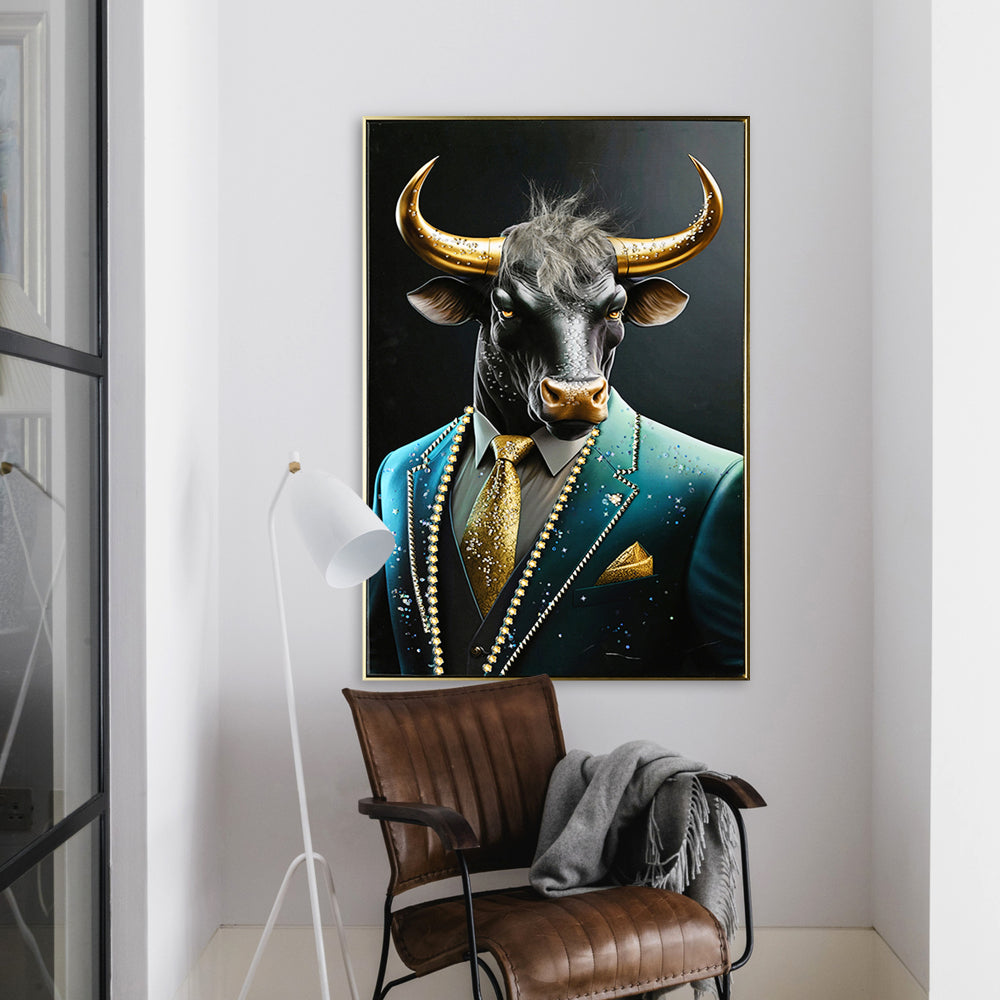 Executive Blue Buffalo Canvas Wall Art - Dapper Animal Portrait in Tailored Suit Modern British Humour Home Decor Premium Gallery Wrapped Artwork for Office Lounge Study Room decorative picture