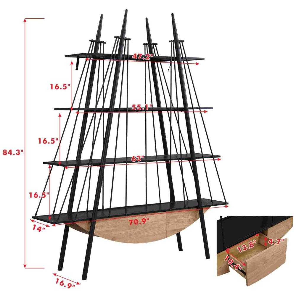 Sailboat-Inspired Bookshelf, 70.87 inch Industrial 4-Tier Open Storage Shelf with Drawer, Wooden & Metal Freestanding Bookcase, Sturdy Display Rack for Living Room, Office & Home Decoration.