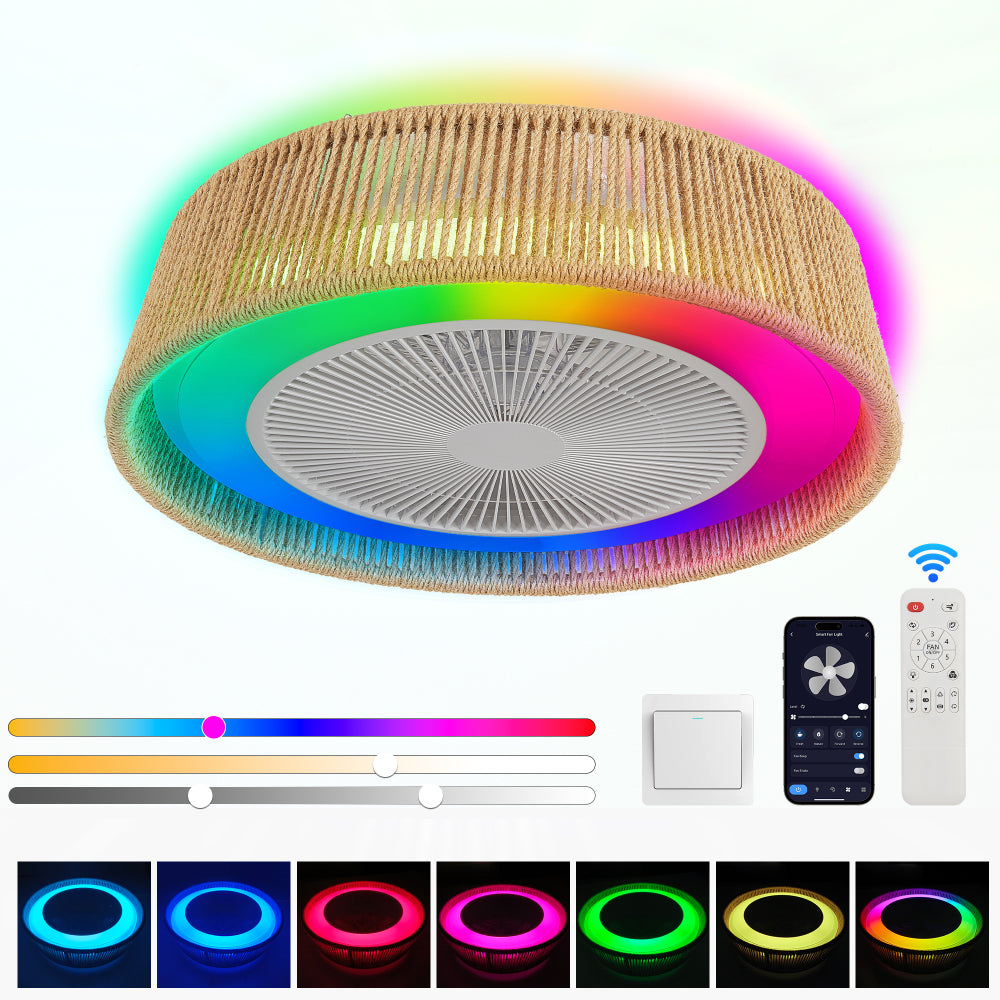 21" Modern Rustic Ceiling Fan Light with LED RGB Mood Lighting, Rope Woven Design, Quiet Fan, Semi Flush Mount for Bedroom, Living Room, or Dining Room ((Silent/6-Speed/Reversible/DC Motor))