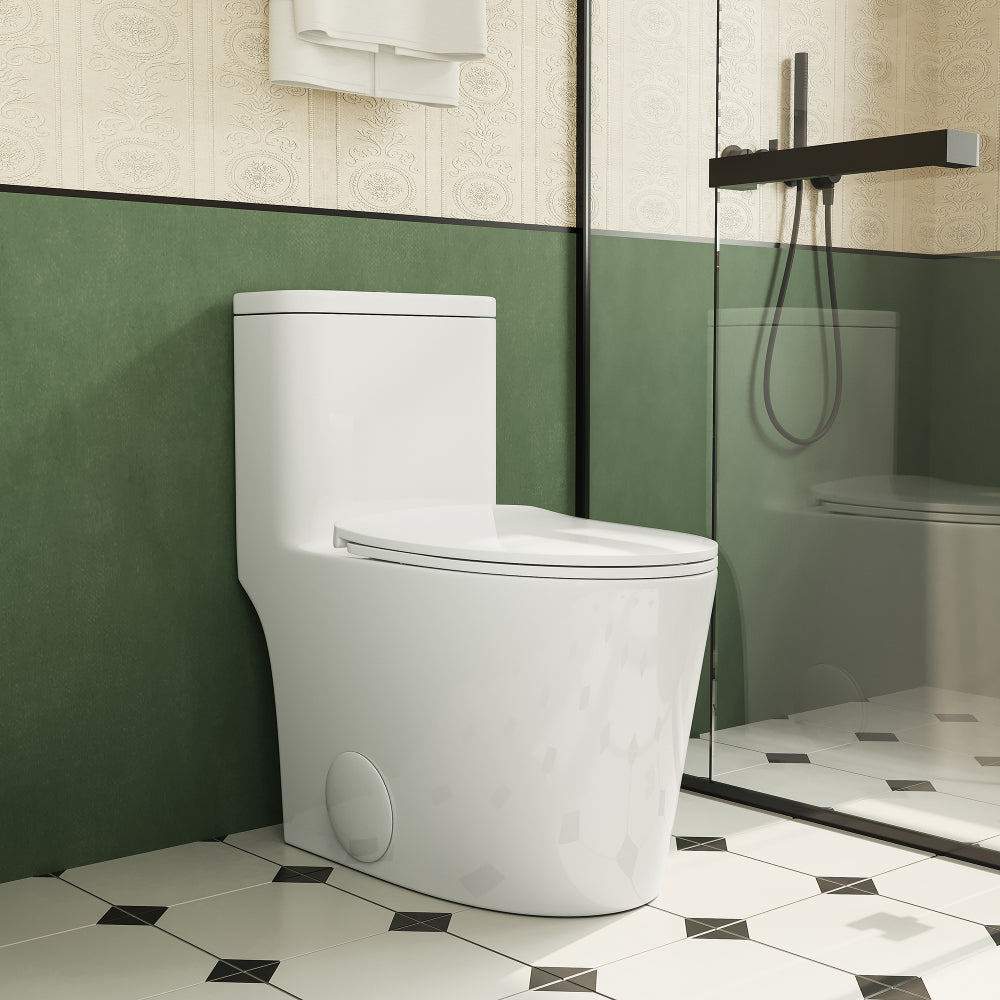 1.1/1.6 GPF Elongated Comfort Height Floor Mounted One-Piece Toilet ,  CUPC Certified, WaterSense Cetified, Ceramic, White Color, Soft Close Seat