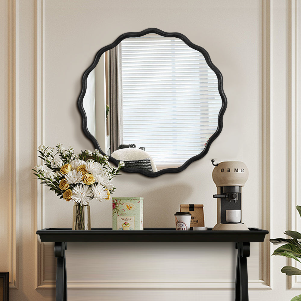 Solid Wood Wavy Mirror-Black Mirror Wall Decor 31" x 31" Modern Mirror Wall Decor for Bathroom, Bedroom, Living Room, Dining Room, Cloakroom, Entryway
