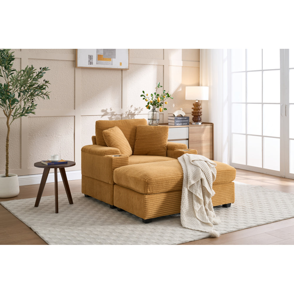 [VIDEO/New]Corduroy Upholstered Chaise Lounge Sofa with Handrail storage ,Movable ottoman,Cupholders,Detachable Cushions Deep Seat for Living Room Office,3 colour