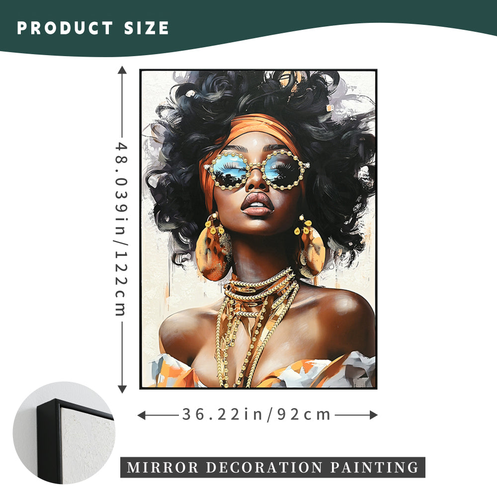 African American Woman Canvas Wall Art Black Girl with Curly Hair Sunglasses Orange Headwrap Earrings and Necklaces Modern Afrocentric Decor for Living Room Bedroom Office decorative picture