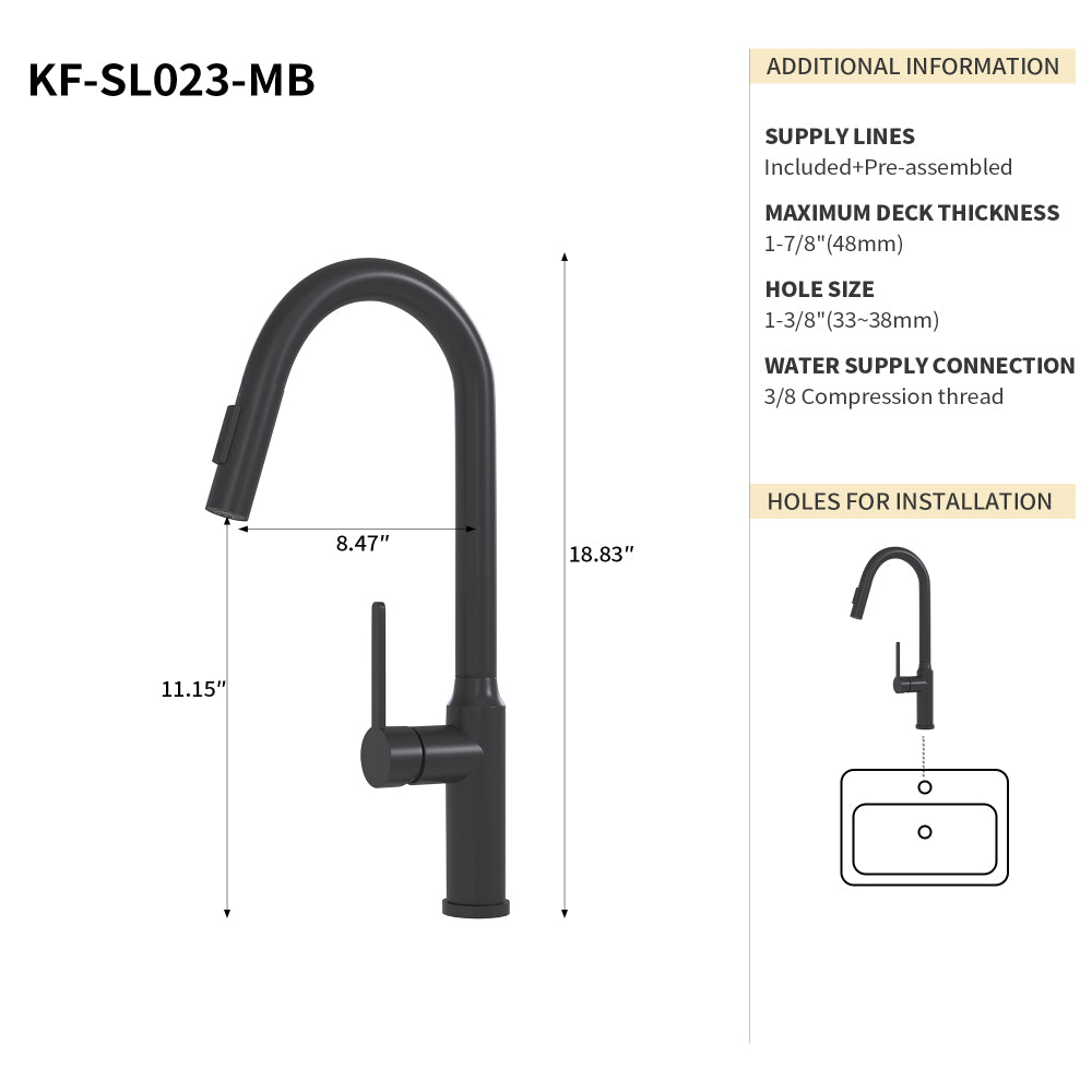 Bothwa Home 18.83" CUPC Certified Pull-down Kitchen Faucet (Matt Black Finish)
