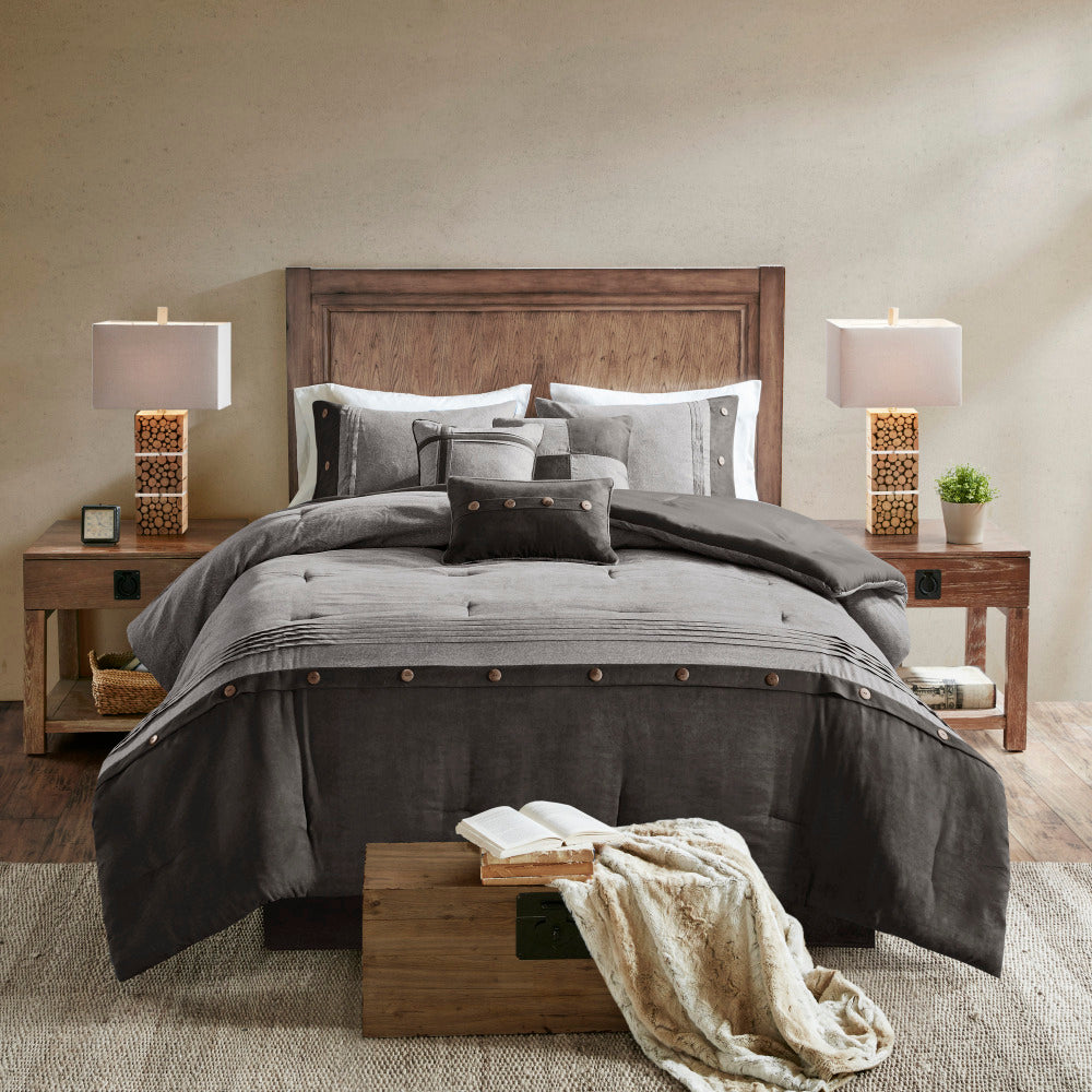 7 Piece Faux Suede Comforter Set Grey King