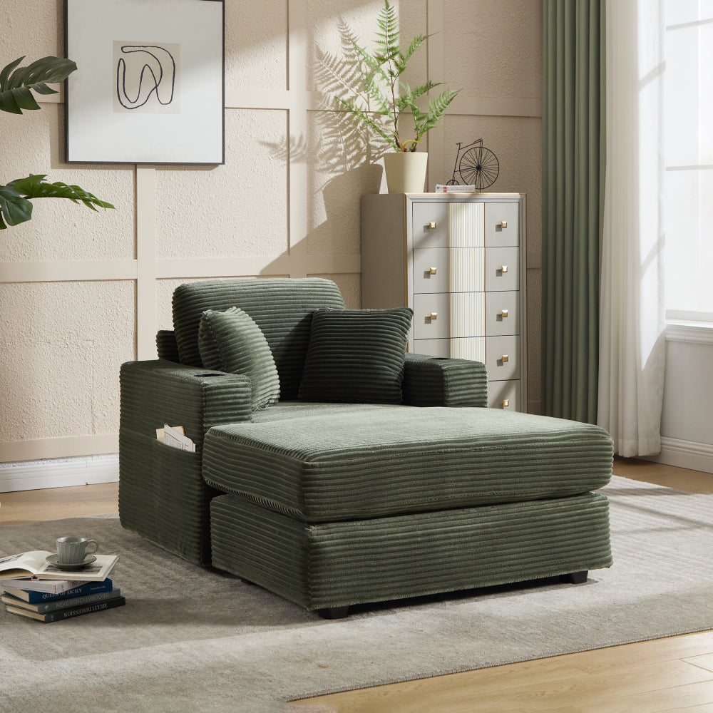 [VIDEO/New]Corduroy Upholstered Chaise Lounge Sofa with Handrail storage ,Movable ottoman,Cupholders,Detachable Cushions Deep Seat for Living Room Office,3 colour