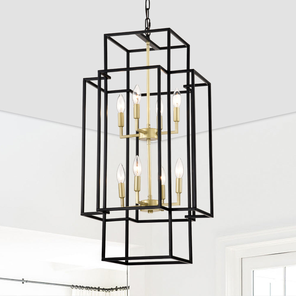 8-Light Metal Lantern Tiered Pendant Hanging Light Fixtures, Industrial Farmhouse Adjustable Height  Chandeliers for Dining Room Hallway Foyer Entryway--Matte Black & Gold(E12 Bulbs Not Included)