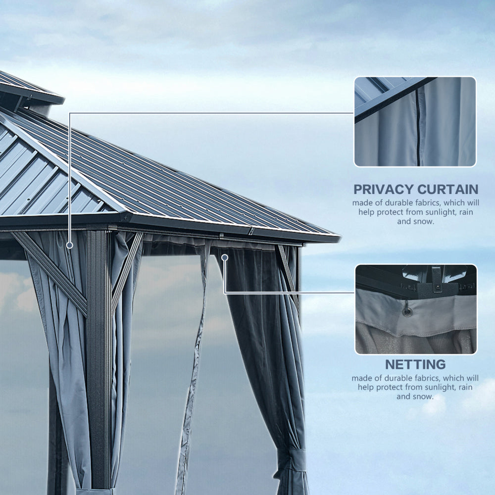 10' X 12' Hardtop Gazebo with Galvanized Steel Double Roof, Sturdy Aluminum Frame, Curtains, and Netting for Patio, Lawn, and Garden